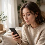 Woman checking her phone in morning light, reflecting on the 111 angel number meaning