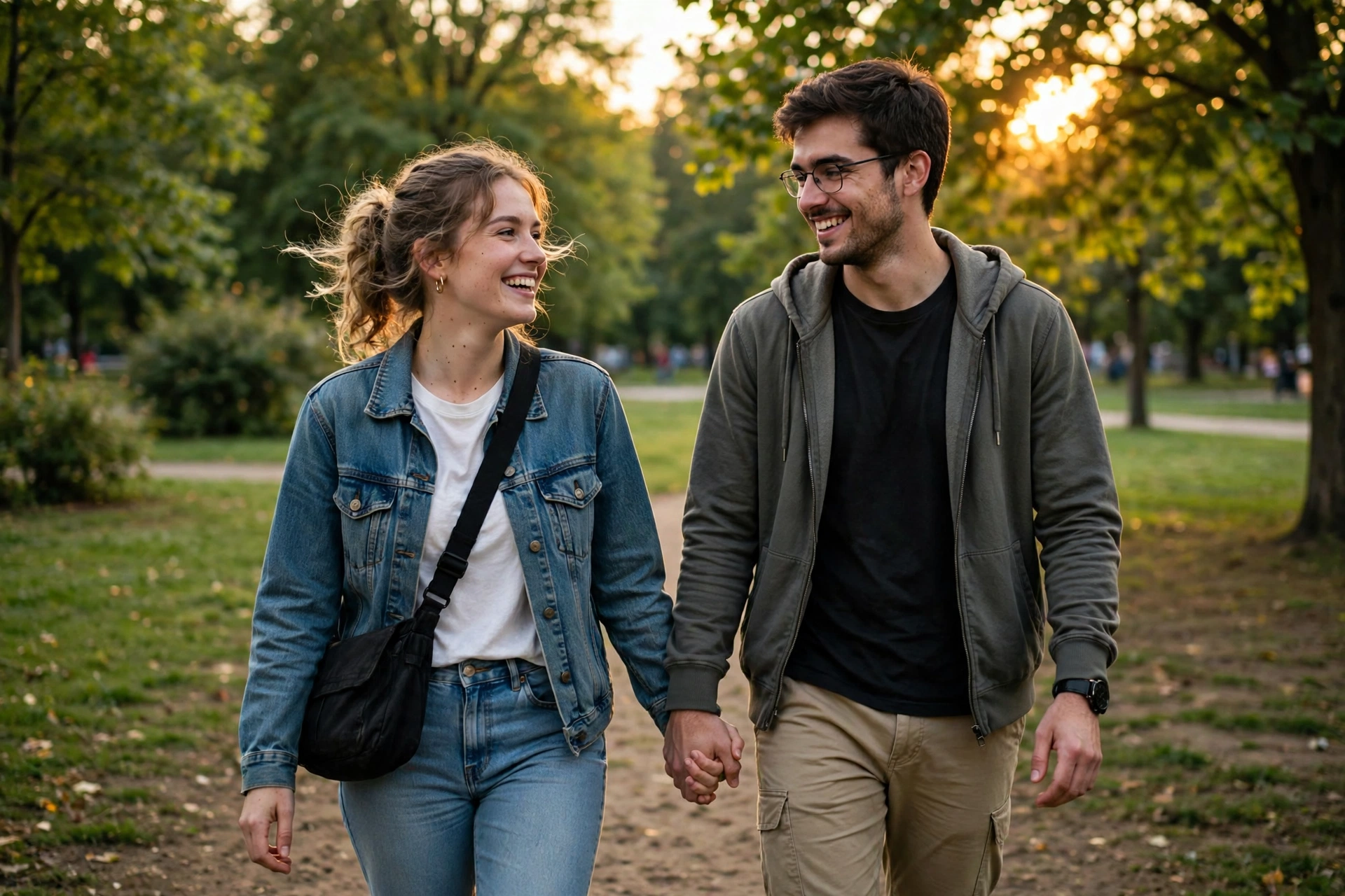 Couple walking hand in hand at golden hour, showing the 111 angel number meaning in love