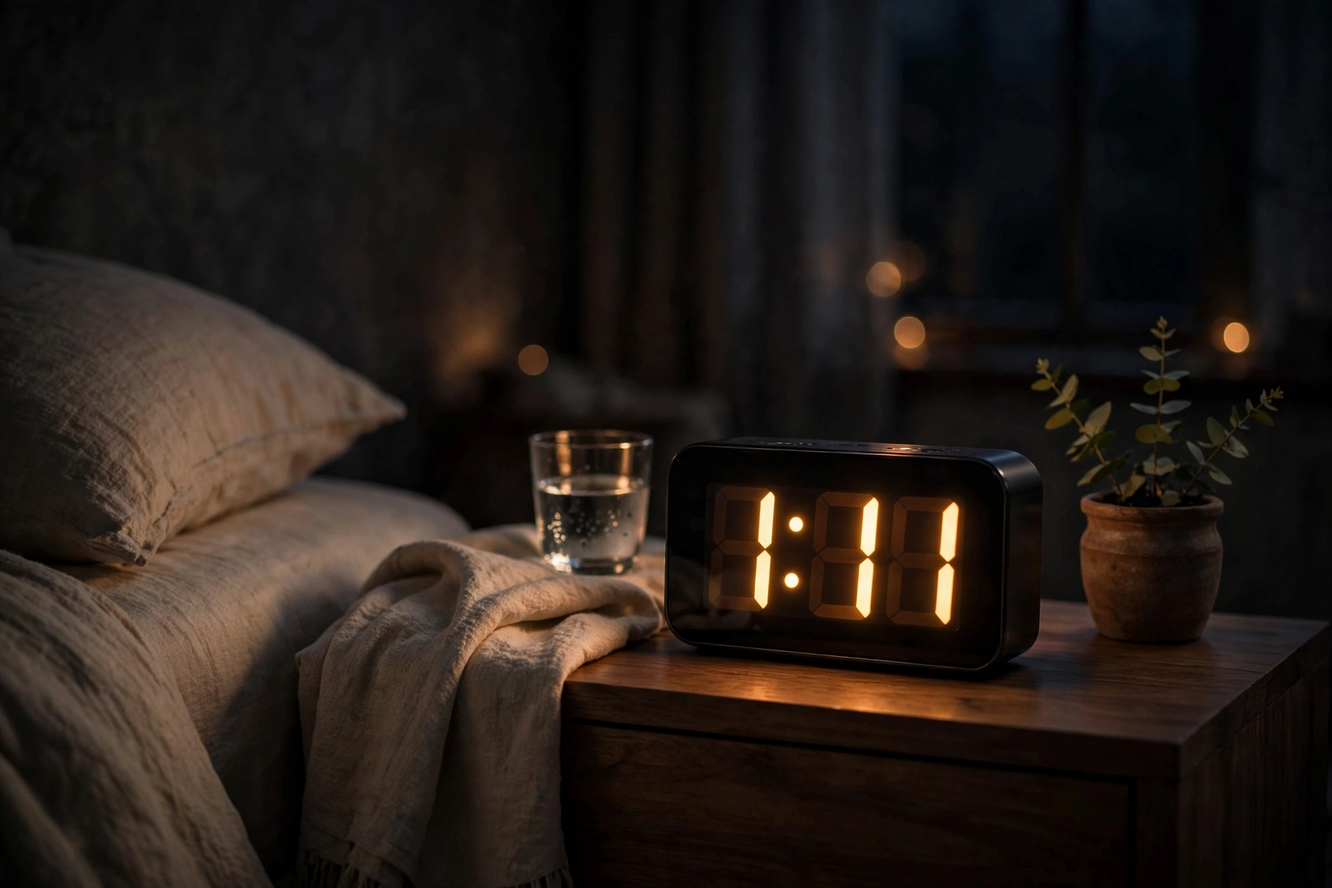 Bedside clock glowing 1:11 at night, a common moment linked to the 111 angel number meaning