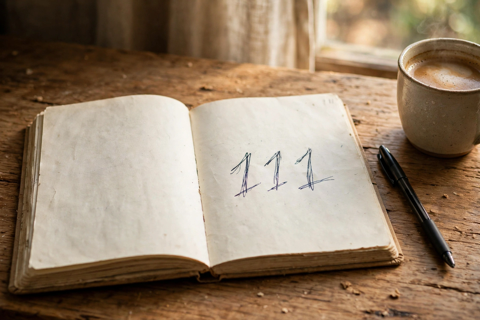 Open journal with 111 handwritten on the page, used to track the 111 angel number meaning