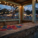 Carnival game booth at dusk, the old setting behind the grifter meaning