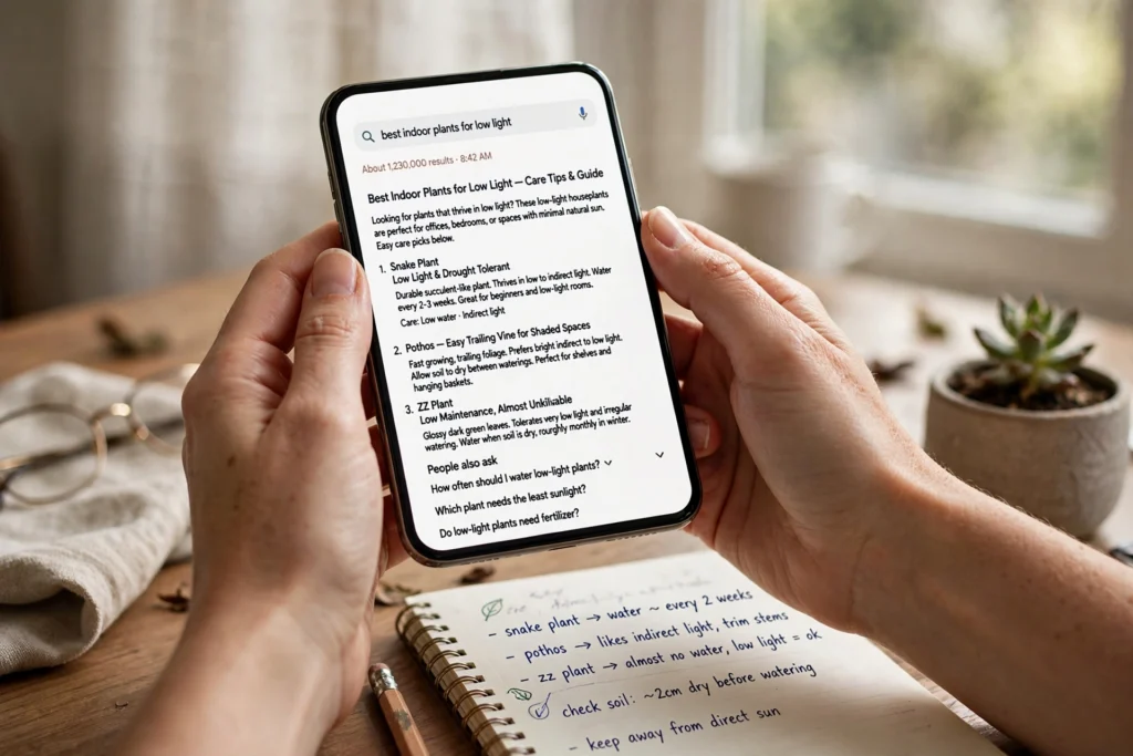 Woman researching a seller to spot a grifter before paying