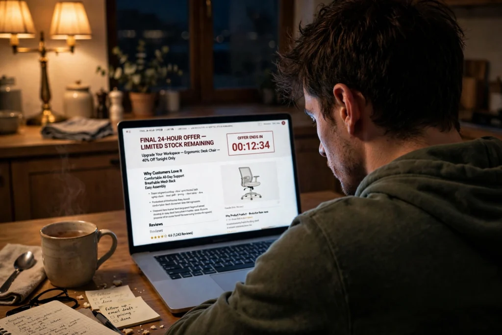 Man reading a sales page and weighing the grifter meaning on social media